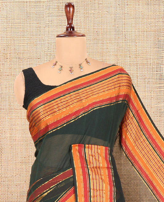 Green Striped Khadi Mul Cotton Saree, a Contrast Zari Striped Horizontal Border, and No Blouse