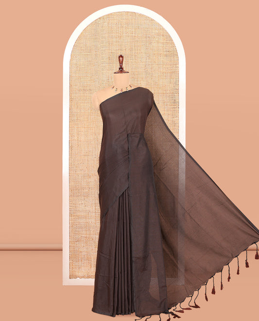 Borderless Brown Plain Khadi Cotton Saree