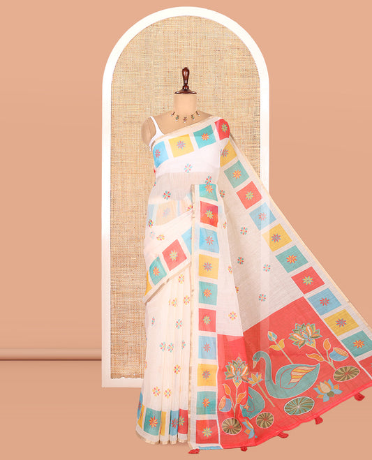 Cream-Red Linen Cotton Saree