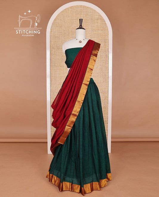 Green mercerised cotton daman zari border half saree with cotton blouse & georgette one side zari border