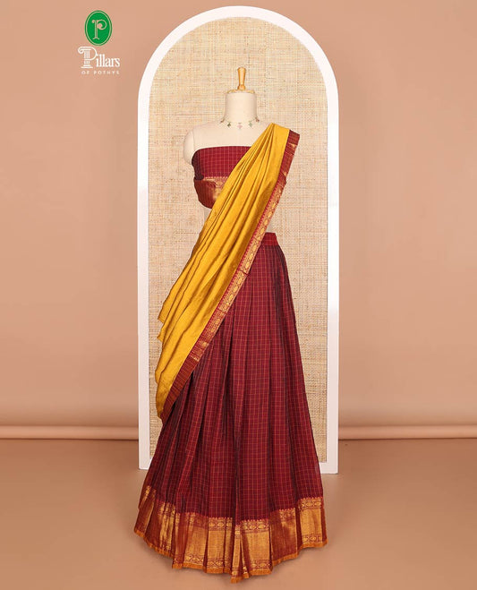 Maroon mercerised cotton daman zari border, checked design  half saree with mercerised cotton checked blouse & skya georgette one side zari border work