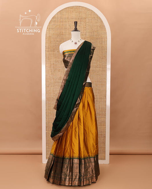 Mustard taffeta silk half-saree,plain skirt,contrast temple traditional zari border,zari design blouse & zari border georgette dhavani