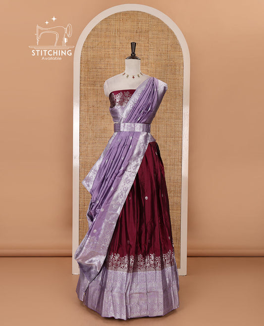 Purple-lavender taffeta silk half-saree, zari buttas & contrast floral-geometric zari border skirt, zari woven blouse & contrast Lavender zari woven dhavani