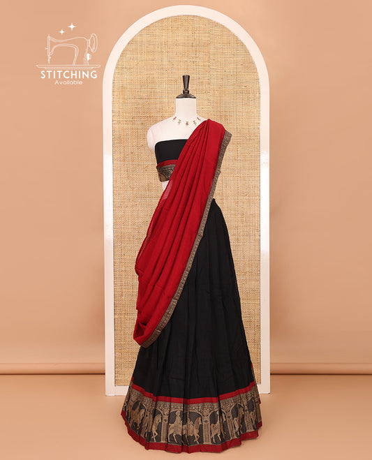 Black with red mercedised cotton half-saree, contrast elephant zari border skirt, matching blouse & one side border georgette dhavani