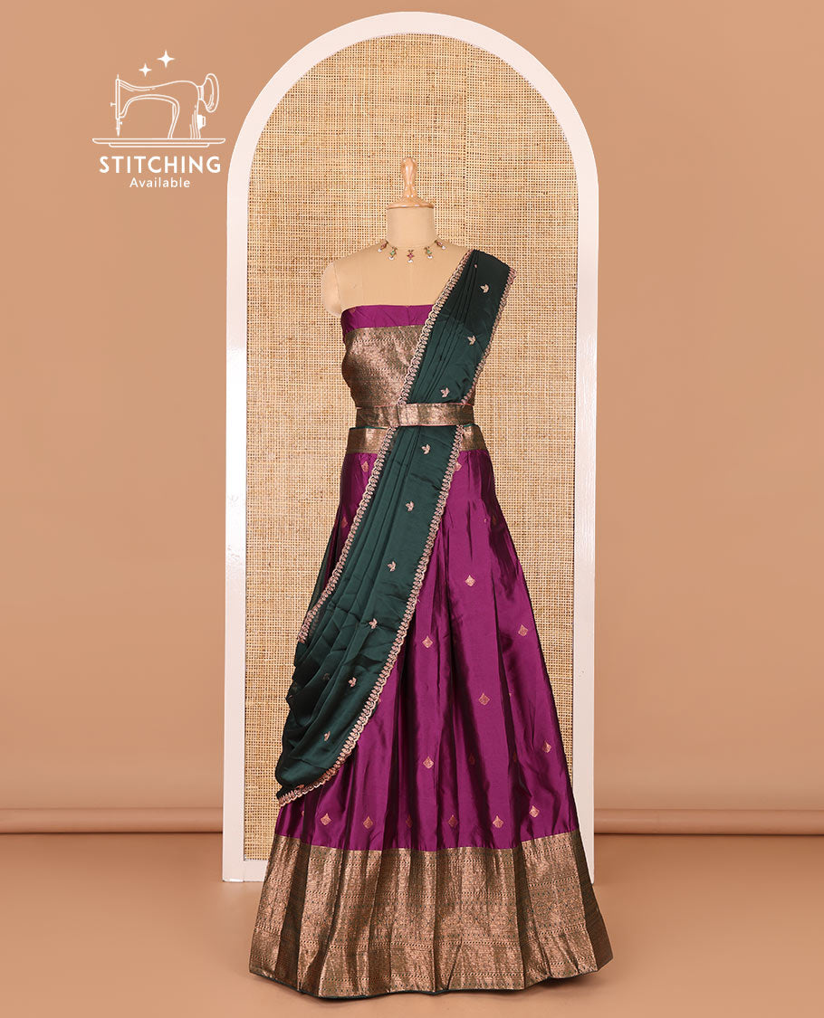 Violet taffeta silk half-saree, zari buttas and contrast traditional zari bordered skirt, a matching blouse, and contrast embroidered satin georgette  dhavani