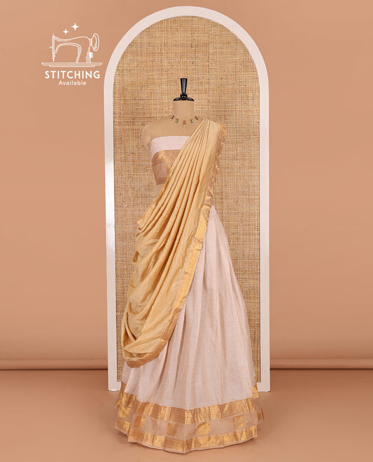 Cream-chikku sungudi cotton half-saree, plain with contrast traditional zari peacock motif bordered skirt, matching blouse, and a zari bordered dhavani