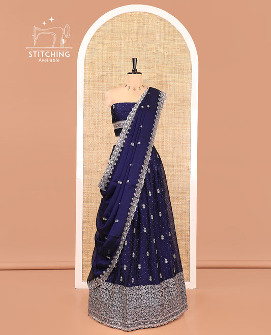 Navy Blue Georgette Half-Saree Featuring Embroidery Skirt, Floral Embroidered Border, Matching Blouse, Embroidered Dhavani