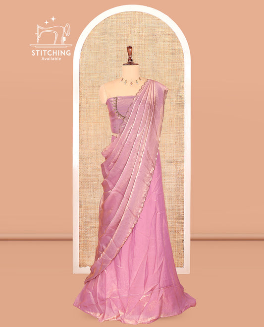 Onion Pink Fendi Organza Half-Saree, Plain Skirt, Matching Embroidered Blouse, Matching Scallop Dhavani