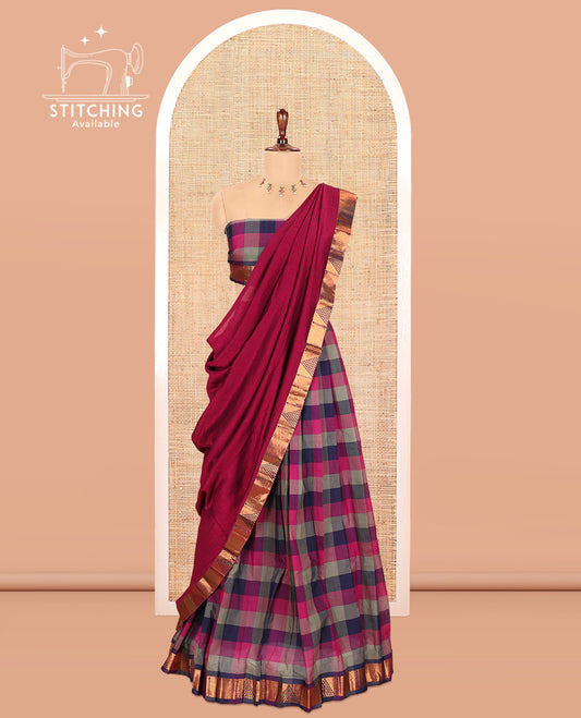 Multi-Color Checked Chettinad Cotton Half-Saree Features a Ara Maadam Border, Matching Blouse, Contrast Dhavani