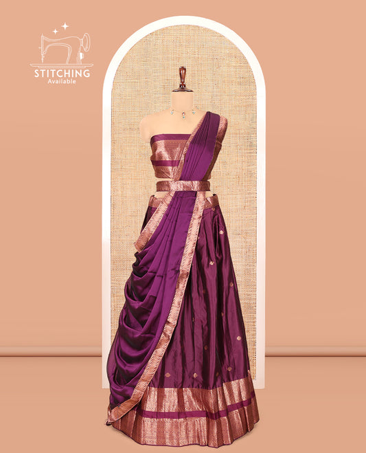 Dark Purple Semi-Silk Half-Saree, Elevated with Zari Buttas Woven Skirt, a Rettai Pettu Traditional Border, a Matching Blouse, and Dhavani