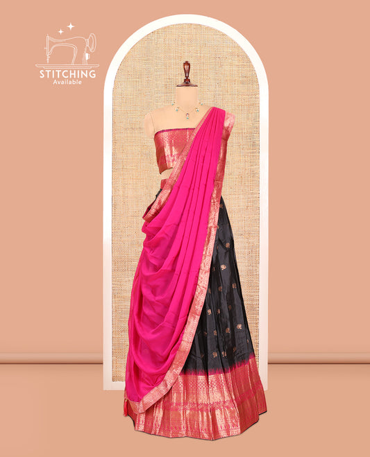 Black-Magenta Semi-Silk Half-Saree Features Zari Buttas Skirt, Contrast Traditional Zari Border, a Matching Blouse, a Contrast Blouse