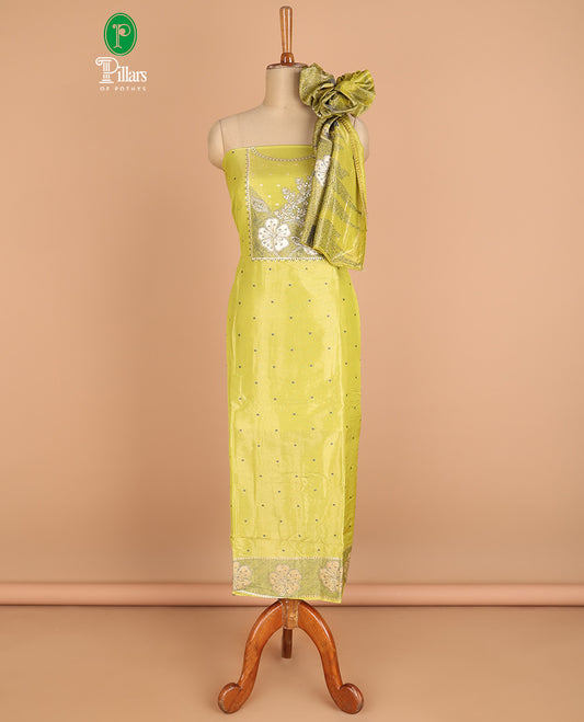 green chudidhar material chanderi tissue neck weaving thread, floral butta top with satin cotton pants & chanderi tissue zari weaving dupatta