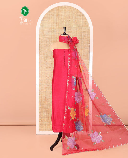 Rani Pink Vichitra Silk Material Chudidar Set, Graced with Pom-Pom Necklined Top, a Plain Santoon Bottom, and Paired Scallop Multi-Color Floral Embroidered Organza Dupatta