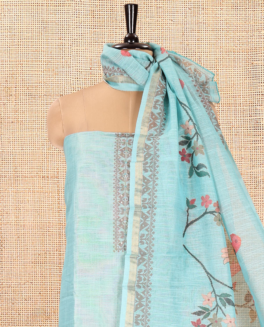 Blue Linen Tissue Material Chudidar Set, Enthralled with Paithani Floral-Parrot Design on Its Top, a Contrast Plain Bottom, and Paired with a Linen Tissue Dupatta of Floral-Parrot Print