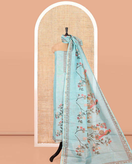 Blue Linen Tissue Material Chudidar Set, Enthralled with Paithani Floral-Parrot Design on Its Top, a Contrast Plain Bottom, and Paired with a Linen Tissue Dupatta of Floral-Parrot Print