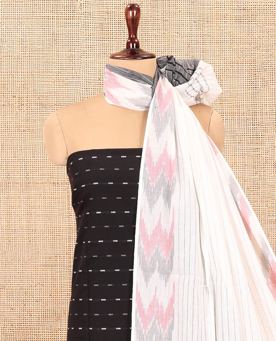 Black-Grey Handloom Cotton Material Chudidar Set, Finely Crafted with Stripes Top, Contrast Striped Bottom, and an Ikat Dupatta
