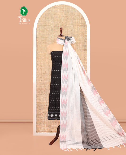 Black-Grey Handloom Cotton Material Chudidar Set, Finely Crafted with Stripes Top, Contrast Striped Bottom, and an Ikat Dupatta
