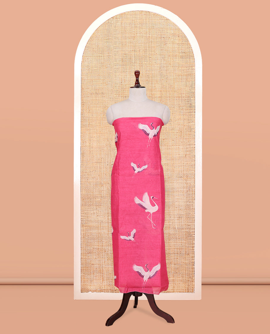 Pink Semi-Linen Material Churidar, Adorned with Heron Motifs Top, a Plain Santoon Bottom, a Contrast Heron Dupatta