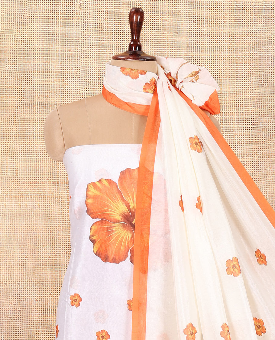 Cream-Orange Semi-Silk Material Chudidar, Floral Printed Top, Matching Bottom, Floral Printed Dupatta