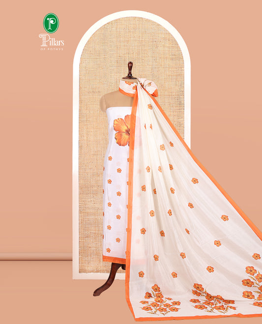 Cream-Orange Semi-Silk Material Chudidar, Floral Printed Top, Matching Bottom, Floral Printed Dupatta