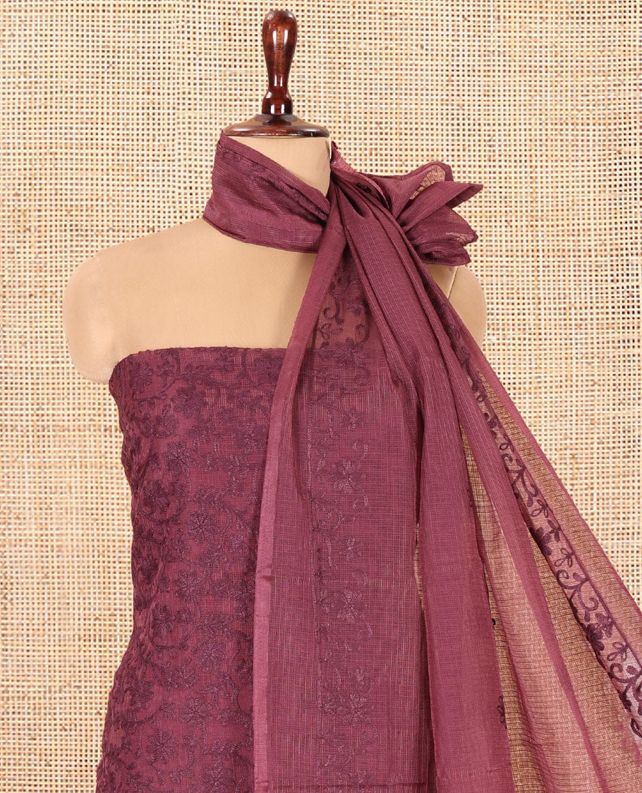 Light Wine Kota Chex Material Chudiddar, Floral Vine Embroidered Top, Santoon Bottom, Embroidered Dupatta