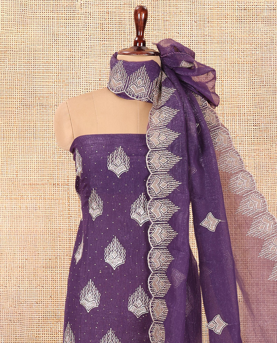 Dark Purple Crunchy Chiffon Material Chudiddar, Embroidered Top, Plain Bottom, Embroidered Scallop Dupatta