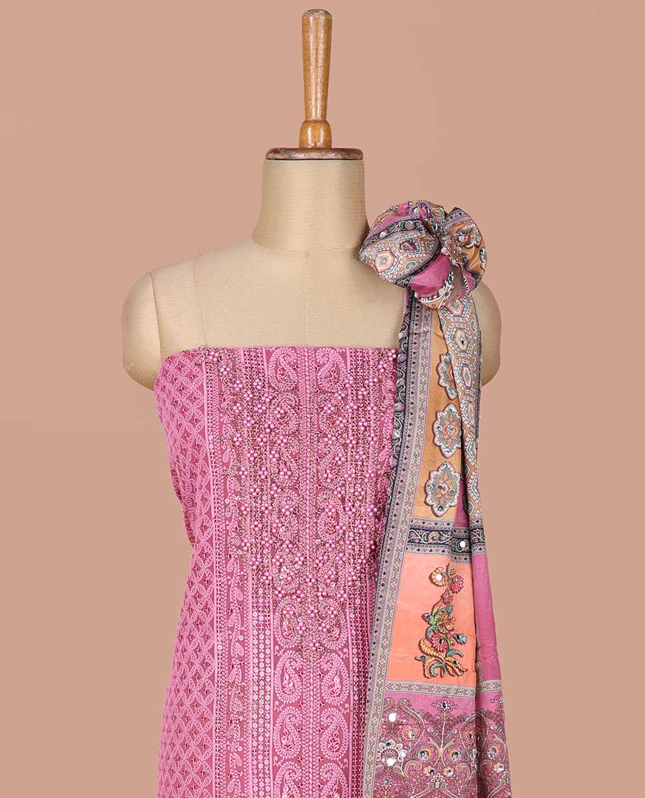 Pink georgette shifli sequins, stone, moti work chudidhar material top with amercial crepe pant & digital print, mirror work dupatta