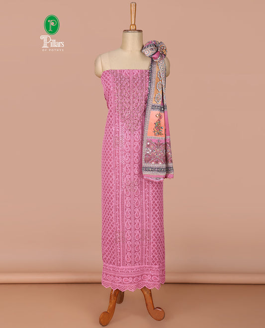 Pink georgette shifli sequins, stone, moti work chudidhar material top with amercial crepe pant & digital print, mirror work dupatta