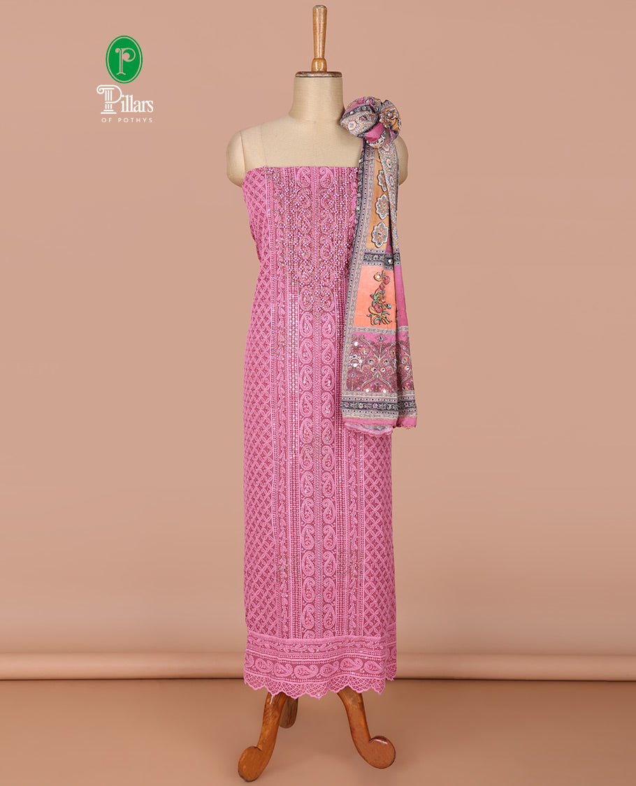 Pink georgette shifli sequins, stone, moti work chudidhar material top with amercial crepe pant & digital print, mirror work dupatta