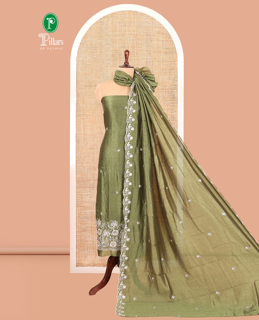 Green Semi-Silk Material Churidar Features a Floral Embroidered Top, a Matching Bottom, Embroidered Dupatta
