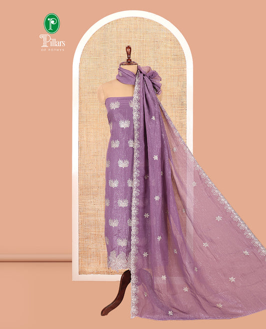 Lavender Crunchy Chiffon Material Churidar Features Thread Embroidered-Stone Work Top, Plain Bottom, Embroidered Dupatta