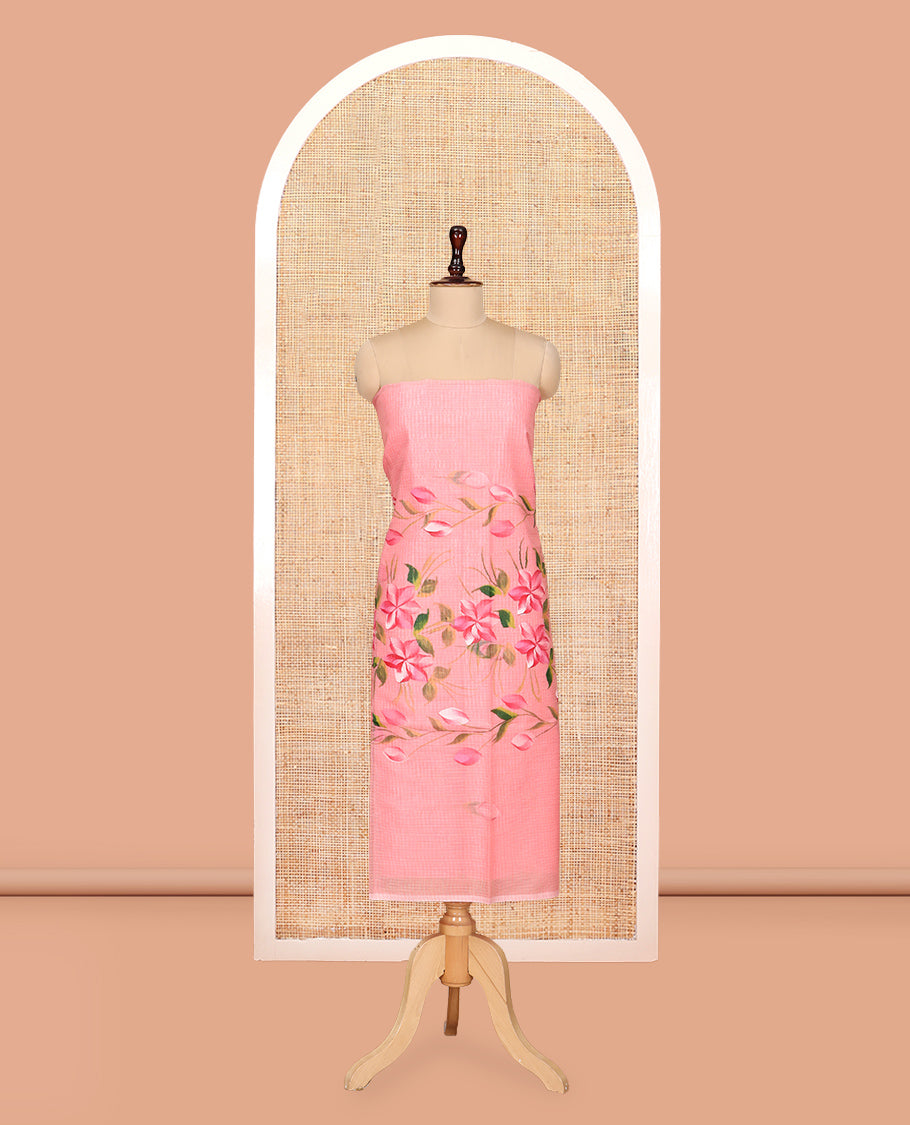 Pink Net Kota Material Churidar, Hand-Brush Painting Floral Top, a Plain Bottom, Floral Dupatta