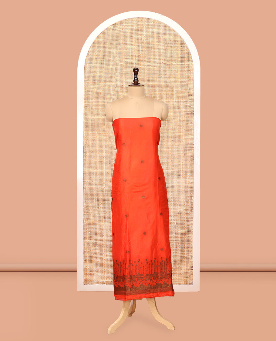 Orange Semi Silk Material Chudidar Set, Adorned with Copper Zari Intricate Design Woven Top, a Santoon Bottom, Matching Dupatta