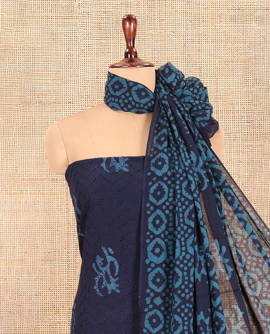 Navy Blue Cotton Material Chudidar, Batik Printed Hakoba Work Top, Contrast Bottom, Batik Printed Dupatta