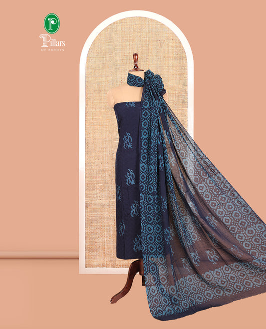 Navy Blue Cotton Material Chudidar, Batik Printed Hakoba Work Top, Contrast Bottom, Batik Printed Dupatta