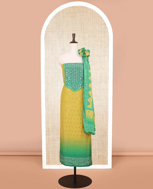 Lemon yellow with green bandhani print stone, mirrror work crepe chudidhar material top with american crepe pant & bhandani print, mirror work dupptata
