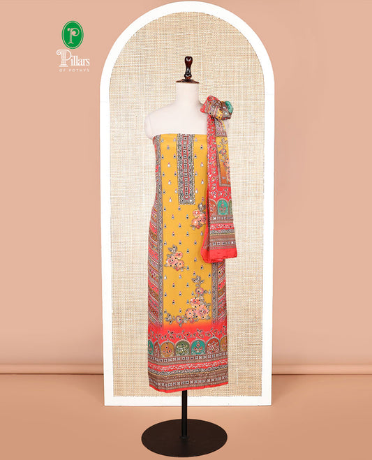 Yellow floral digital print, mirror work crepe chudidhar material top with american crepe pant & floral digital print, mirror work dupatta