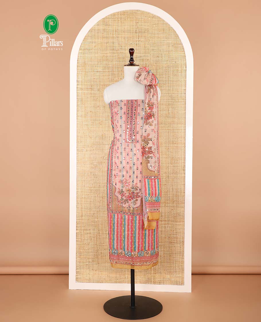 Multi-color floral print, mirror work simmer georgette chudidhar materila top with santton material pant & floral print, mirror work dupatta