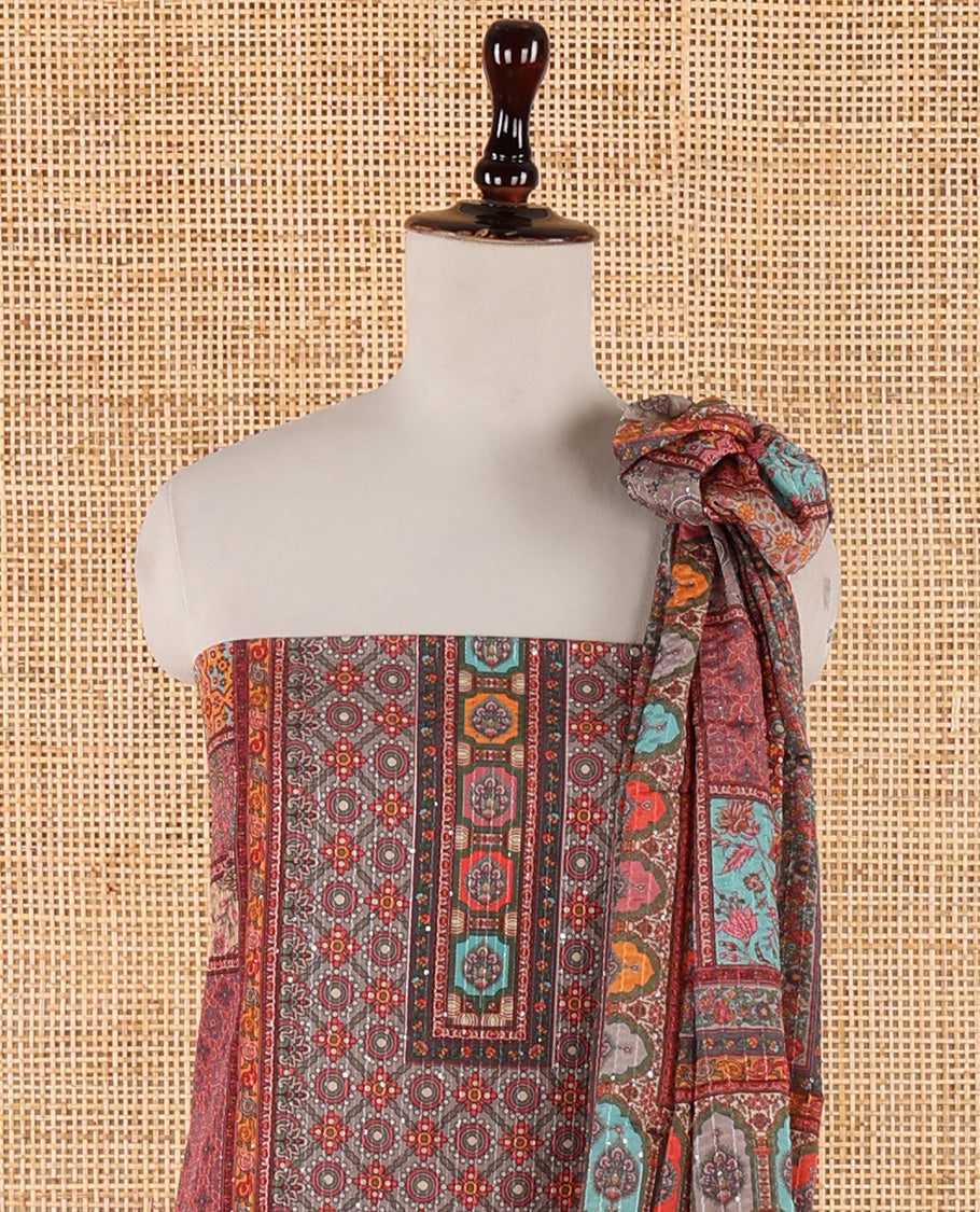 Multi-color churidar material set, ajrakh-printed & sequins work crepe top, kalidoscopic-colored dupatta of ajrakh print & sequins work & plain crepe bottom