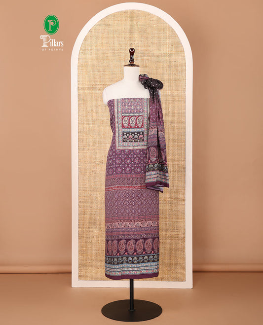 Dark purple crepe chudidar material set, ajrakh-print with daman floral design top, plain bottom & dupatta of bandhani dots & ajrakh-style print
