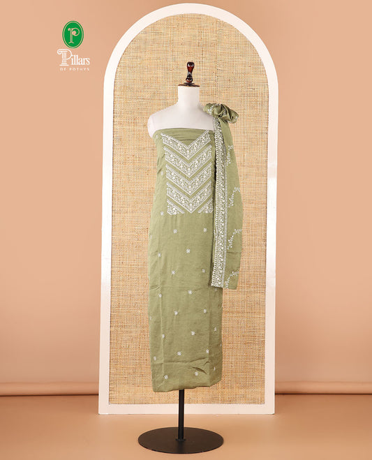 Olive green vichitra crush material chudidar set, thread & bead floral embroidery top, plain santoon bottom & floral thread embroidery dupatta
