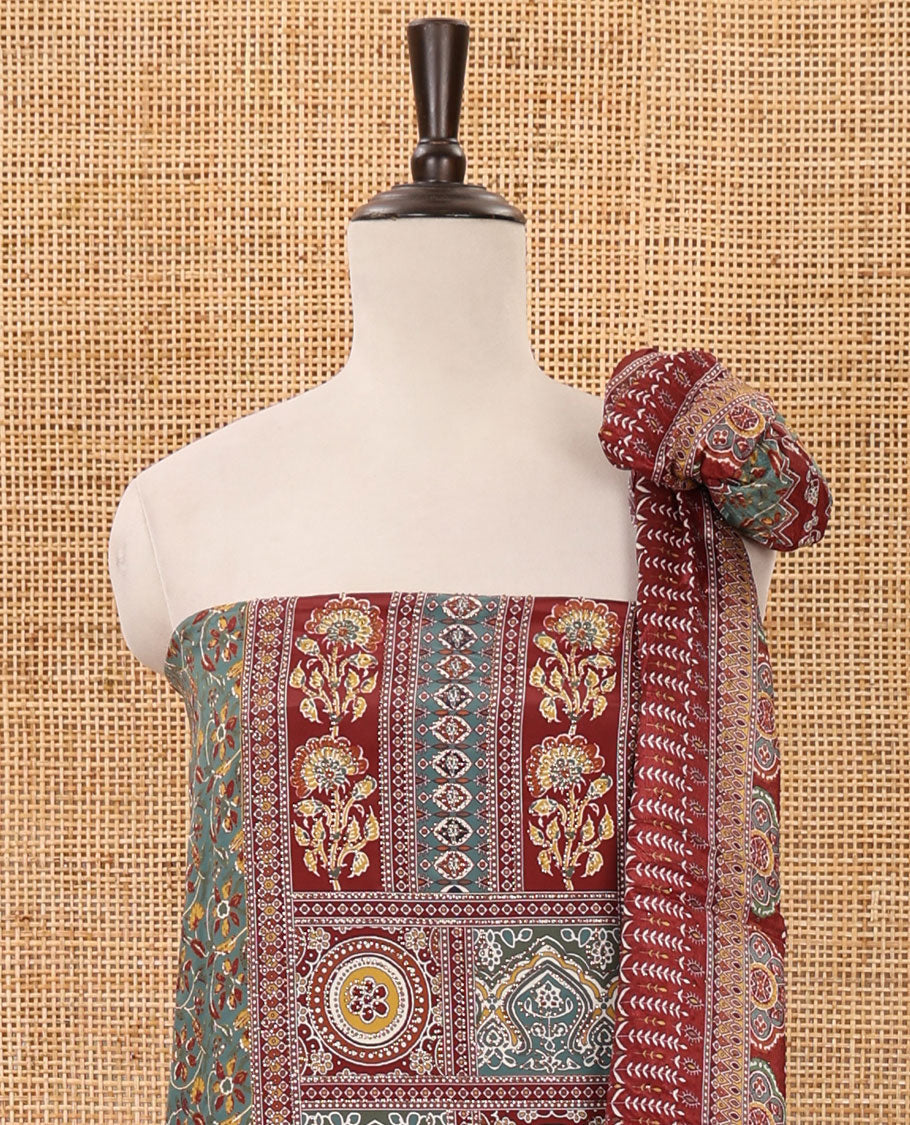 Green material chudidar set,floral-geometric Arjrakh print & stonework Masakali crepe top,plain bottom & Arjrakh print & stonework chinon dupatta