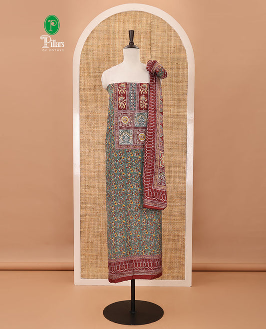 Green material chudidar set,floral-geometric Arjrakh print & stonework Masakali crepe top,plain bottom & Arjrakh print & stonework chinon dupatta