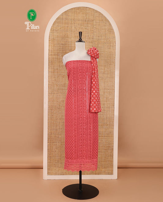 Pink material chudidar set,  floral, paisley & geometric schiffli embroidered georgette top & orginal mirror embroidered georgette dupatta