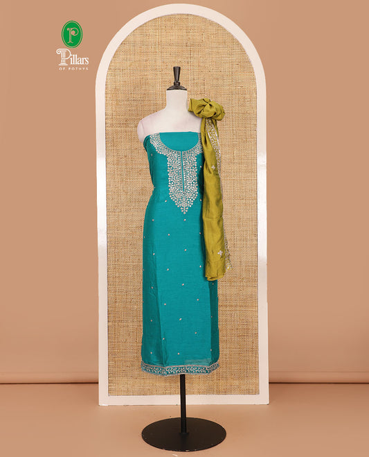 Rama green Vichitra silk material chudidar set, floral design neck embroidered top, santoon bottom & contrast embroidered Vichitra silk dupatta