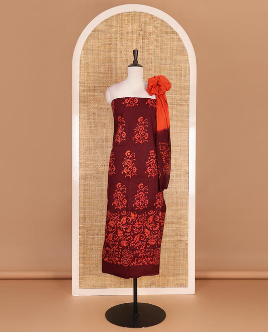 Maroon cotton material chudidar set, batik style floral, and paisley printed top, contrast plain bottom, and batik printed dupatta