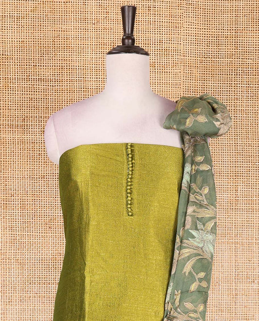 Parrot green material chudidar set, plain with fancy thermacol balls neck work Vichitra top, cotton bottom, and floral printed dupatta