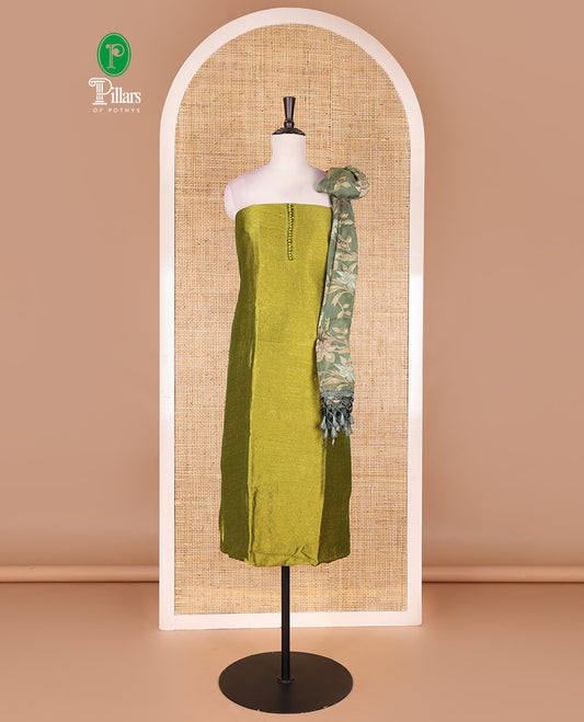 Parrot green material chudidar set, plain with fancy thermacol balls neck work Vichitra top, cotton bottom, and floral printed dupatta