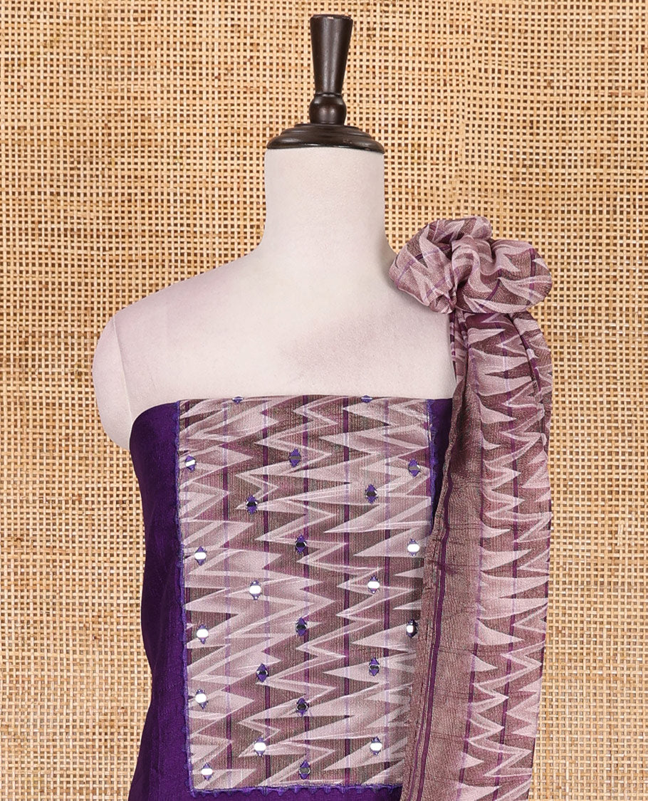 Violet Vertican silk material chudidar set, ikkat chevron striped with mirror neck embroidered top, santoon bottom, and contrast chevron striped dupatta