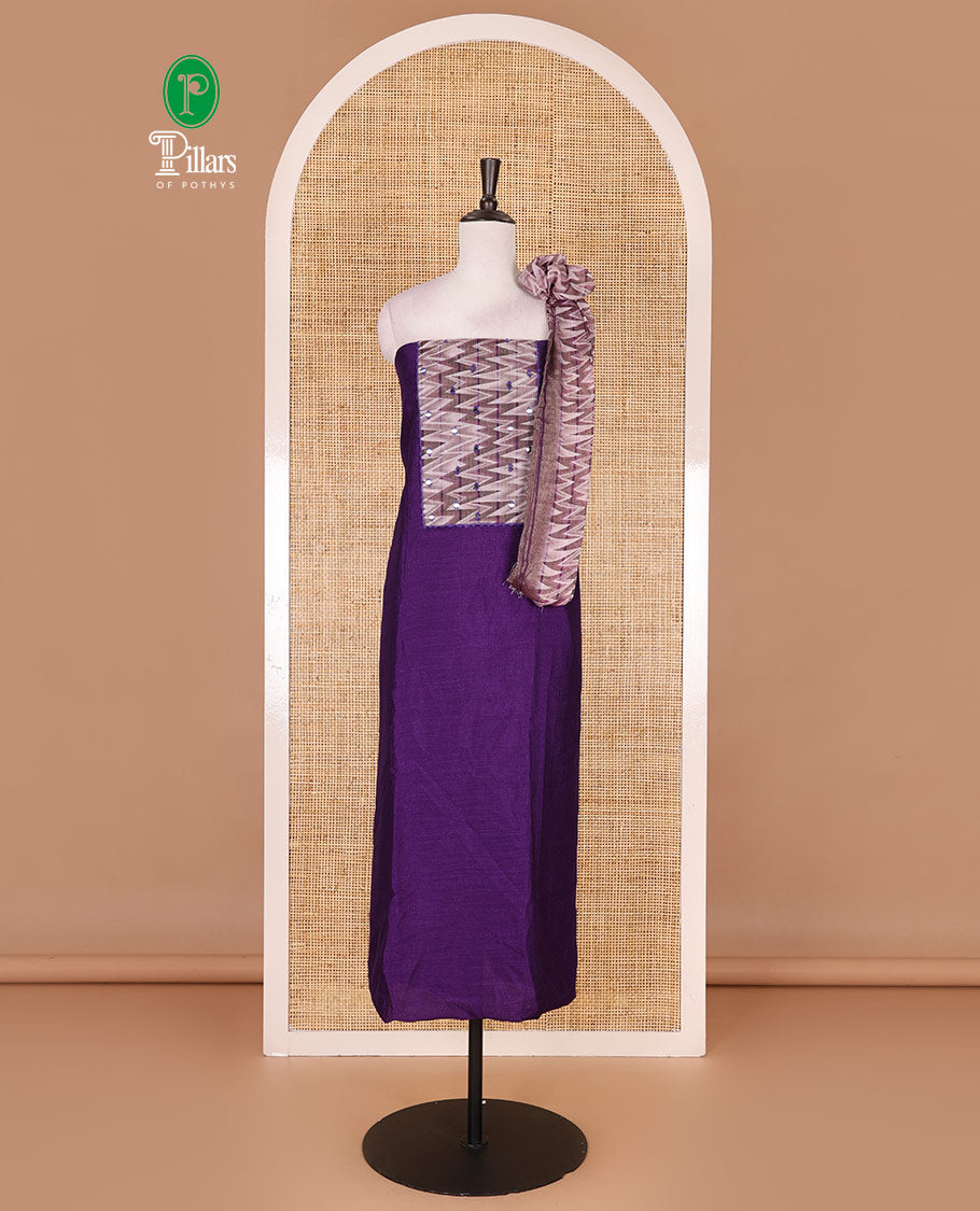 Violet Vertican silk material chudidar set, ikkat chevron striped with mirror neck embroidered top, santoon bottom, and contrast chevron striped dupatta